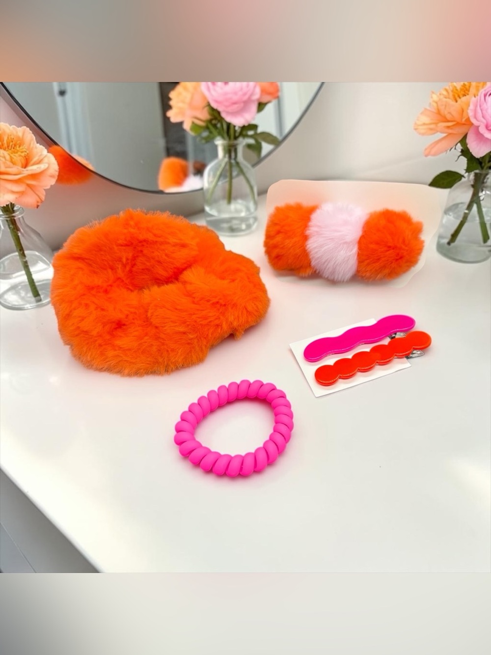 🩷🧡SEPHORA🩷🧡5-Piece Fuzzy Orange & Pink Hair Accessory Set/NIP